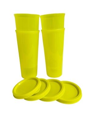 Set 4 Tupperware Tumblers 10 ozs Plastic Glasses Bright Yellow 6" Tall w. Lids